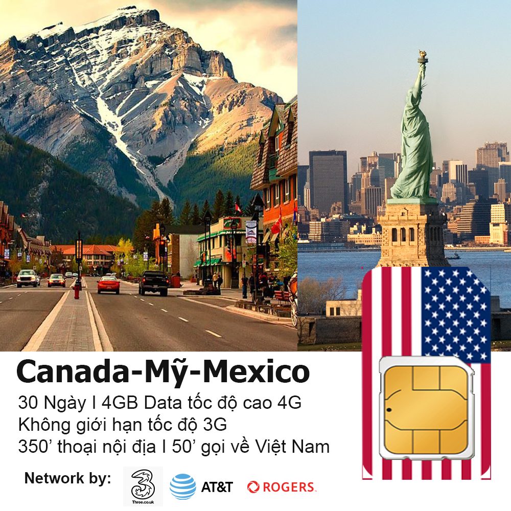 Sim du lịch Canada Mỹ | Không giới hạn Data kèm 400 phút thoại quốc tế